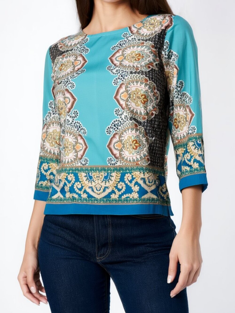 Sunny Leigh Bohemian Hippie Top Blouse NWT Turquoise Southwestern Batik Ethnic